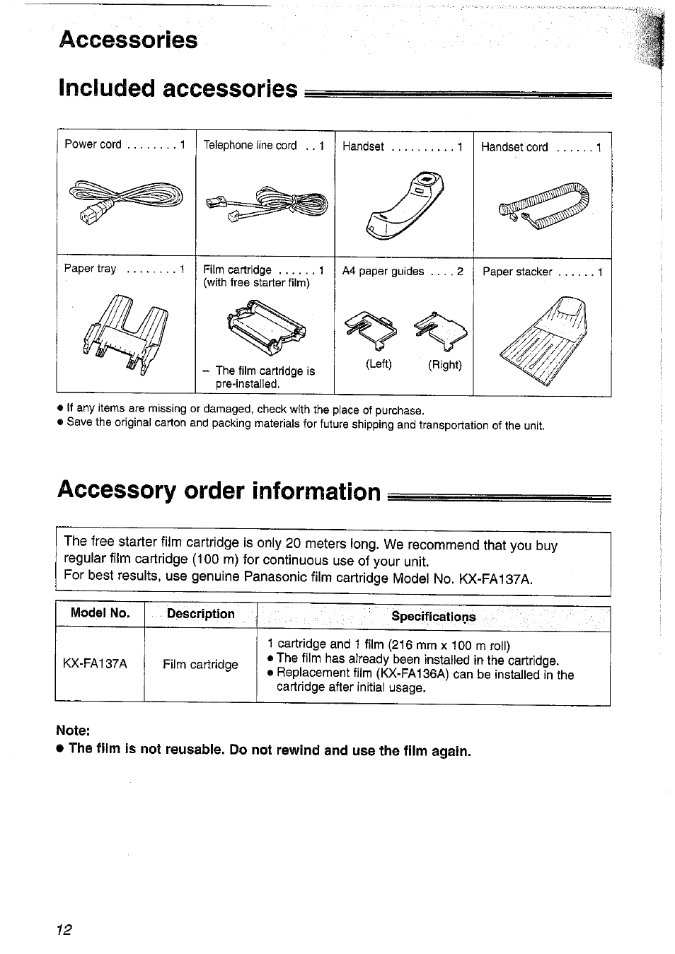 Accessories, Included accessories, Accessory order information | Accessories included accessories | Panasonic KX-FP101NZ User Manual | Page 12 / 96