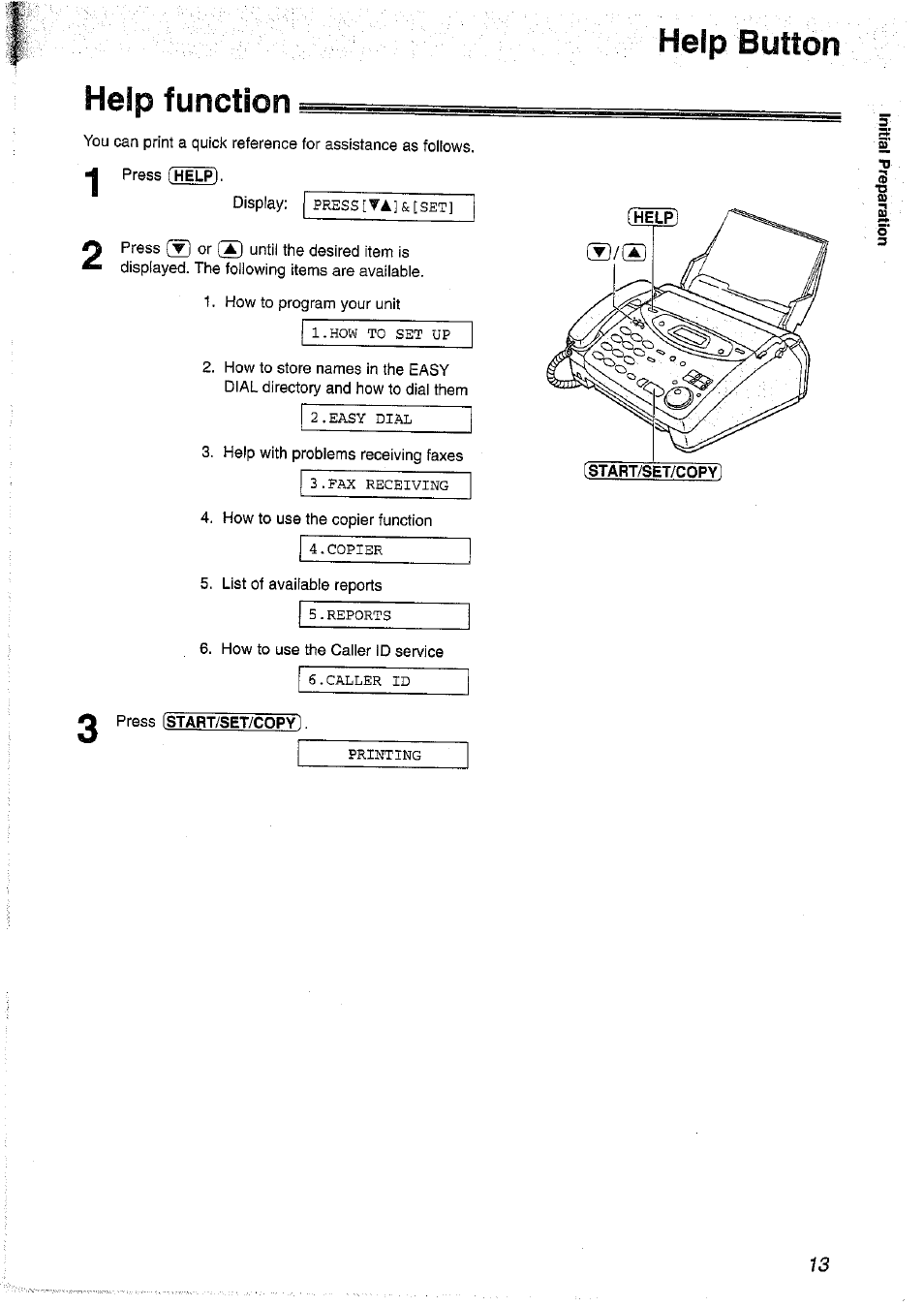 Help function, Press chllp), Help button | Panasonic KX-FP101NZ User Manual | Page 13 / 96