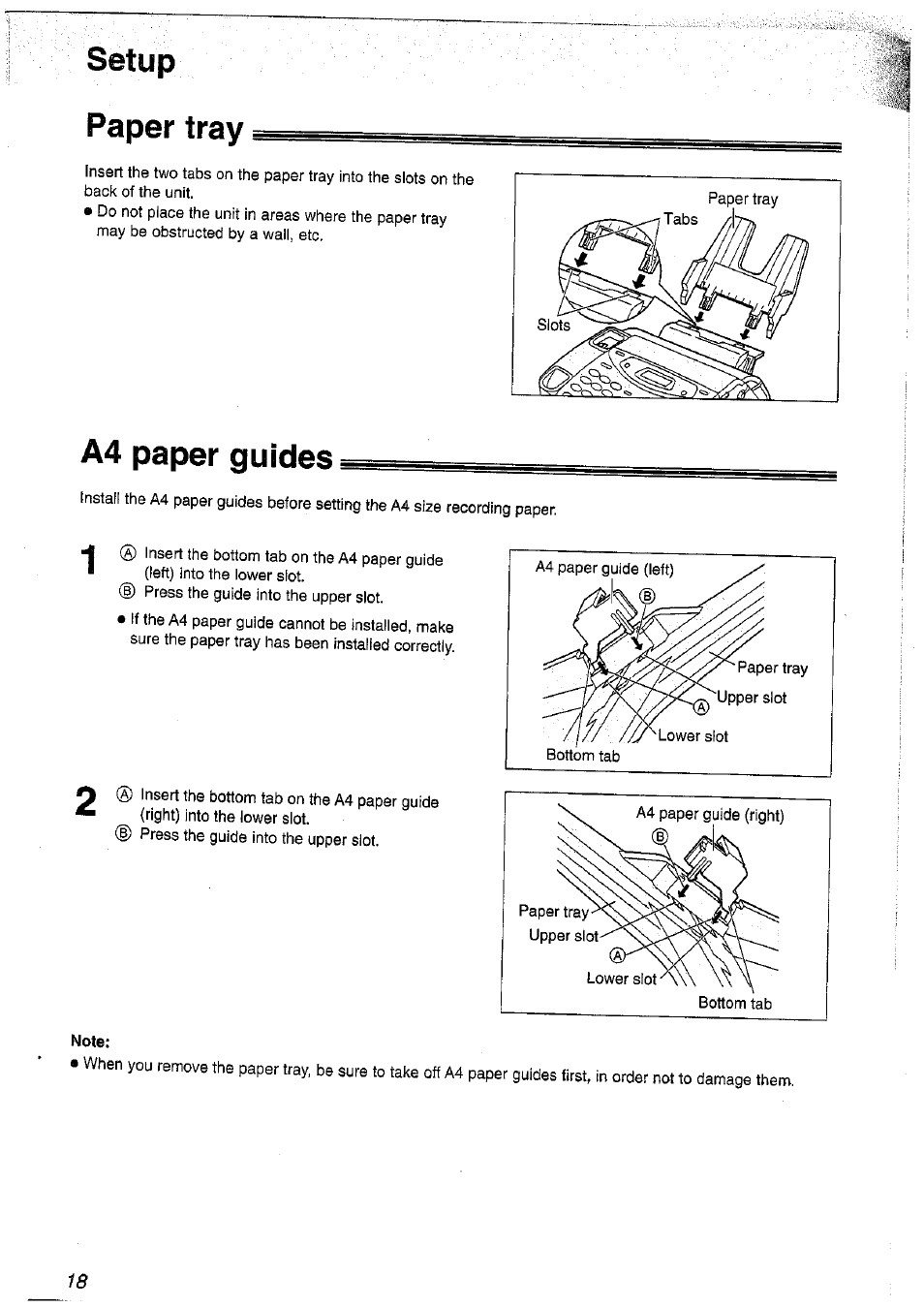 Paper tray, A4 paper guides, Note | Panasonic KX-FP101NZ User Manual | Page 18 / 96