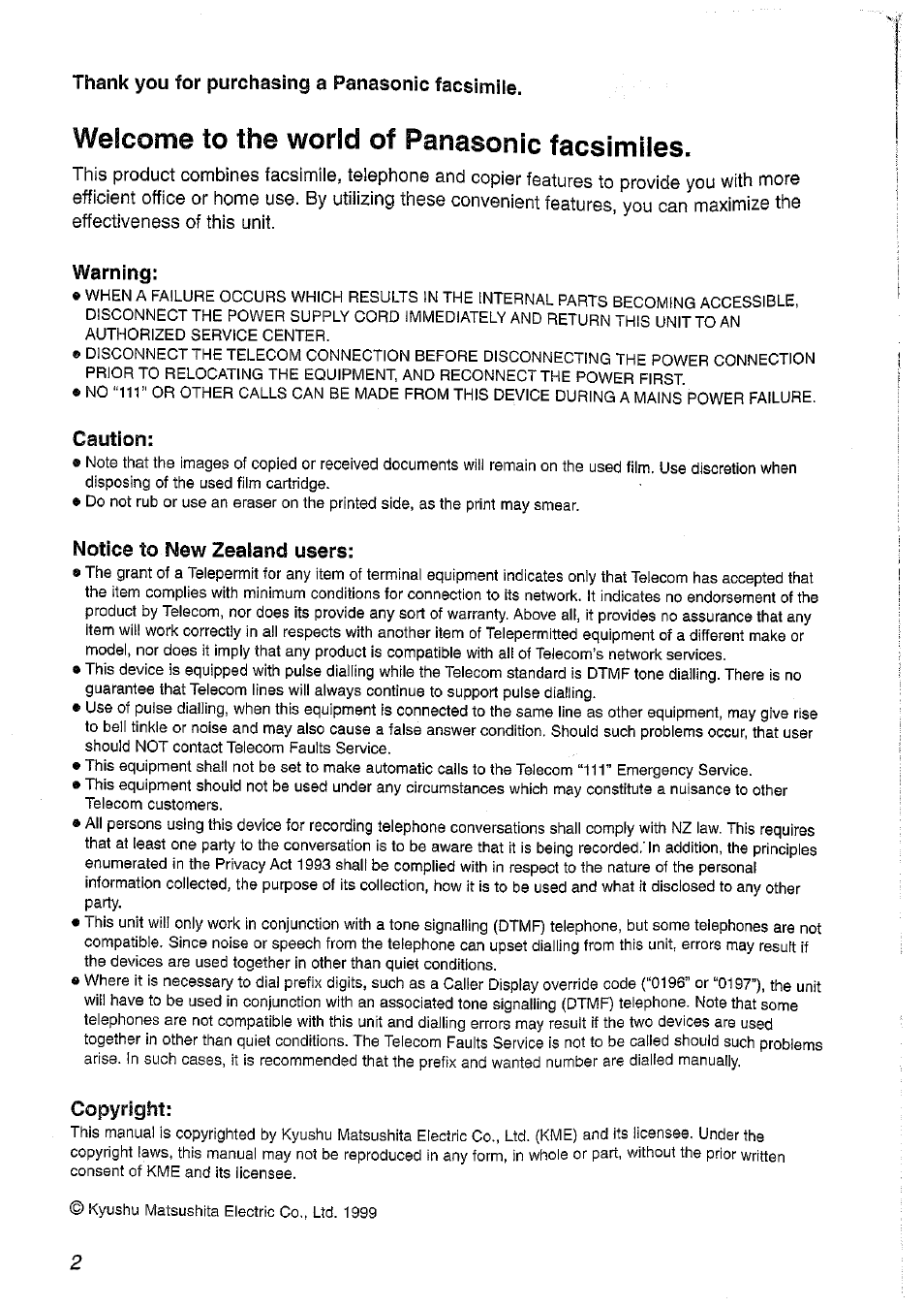 Thank you for purchasing a panasonic facsimile, Warning, Caution | Notice to new zealand users, Copyright, Welcome to the world of panasonic facsimiles | Panasonic KX-FP101NZ User Manual | Page 2 / 96