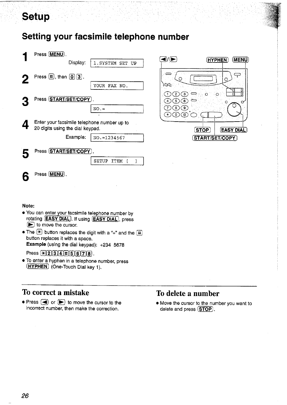 Press fstart/set/copyi, Press fstart/set/copyl, Stop | Easy dial, Istart/set/copy), Note, Setting your facsimile telephone number, O (t ii ) | Panasonic KX-FP101NZ User Manual | Page 26 / 96