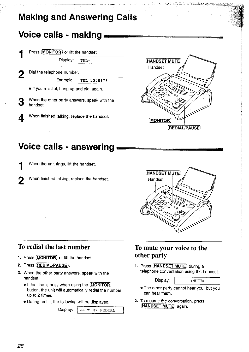 Making and answering caiis voice calls - making, Voice caiis - answering | Panasonic KX-FP101NZ User Manual | Page 28 / 96
