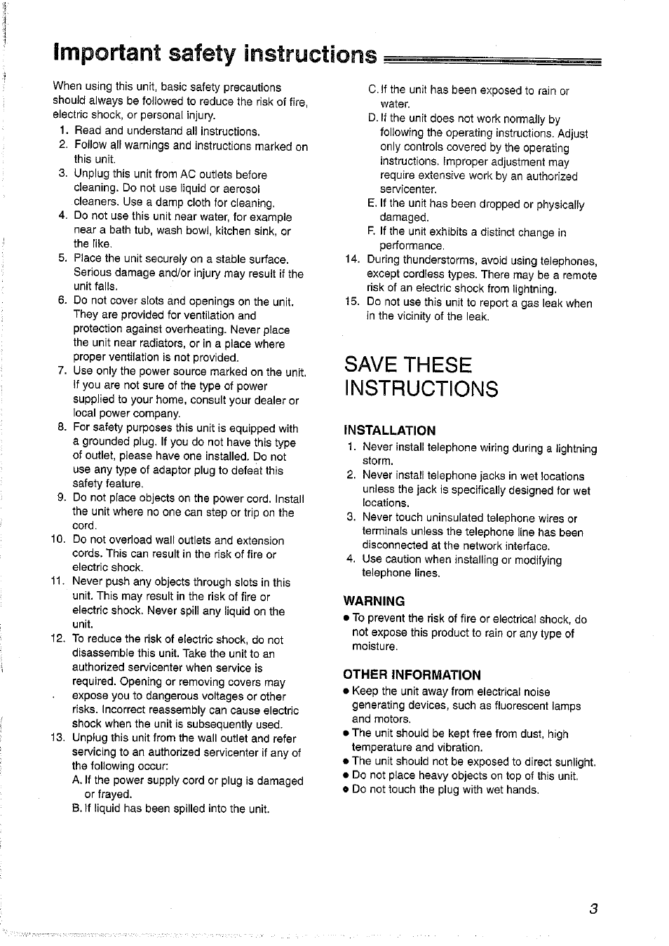 Important safety instructions, Installation, Warning | Other information, Save these instructions | Panasonic KX-FP101NZ User Manual | Page 3 / 96