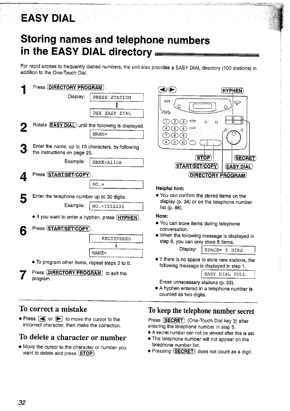 Press [directory program, Stop, Secret) | Start/set/copy) i easy dial) (directory program, Helpful hint, Note | Panasonic KX-FP101NZ User Manual | Page 32 / 96