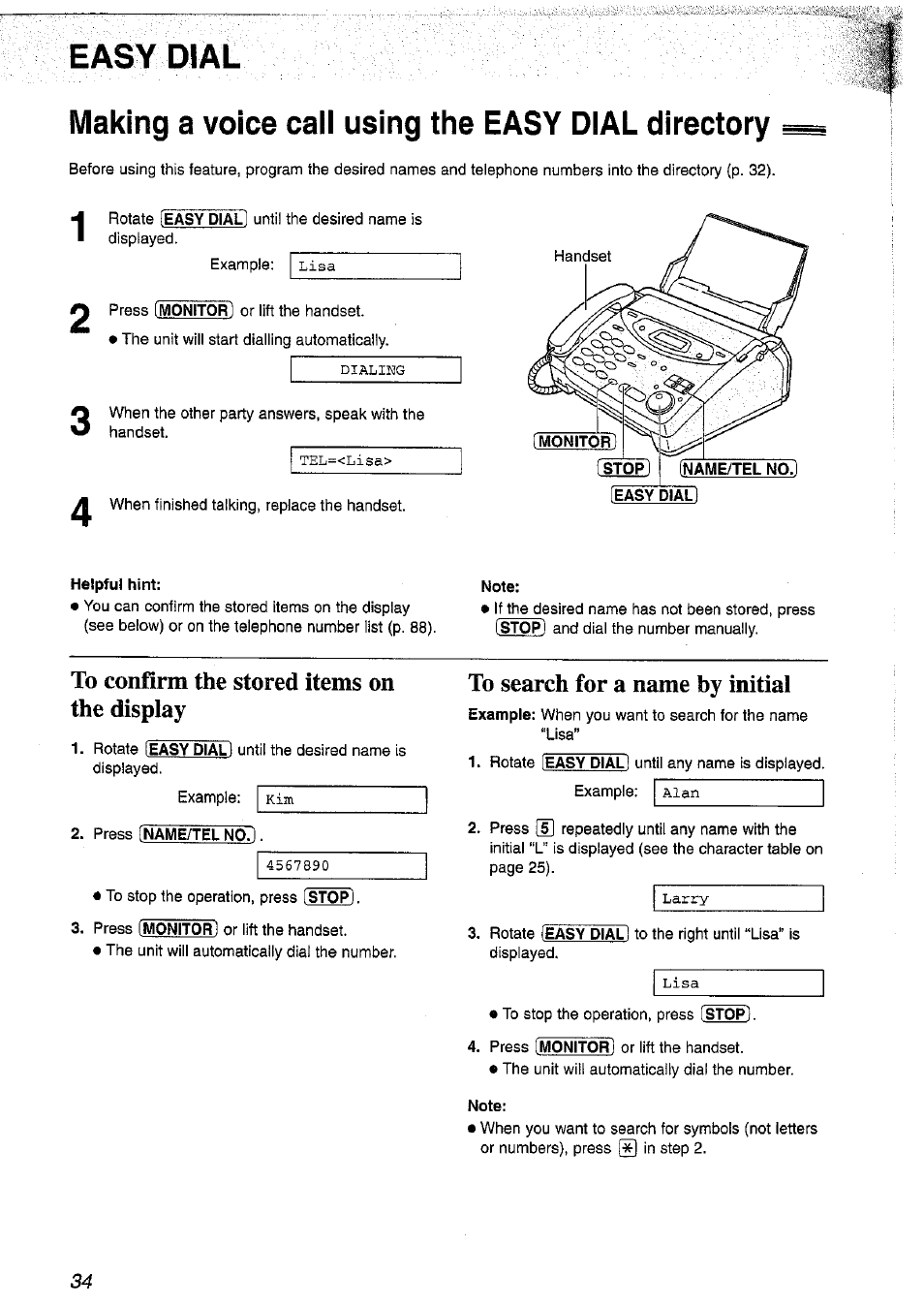 Making a voice call using the easy dial directory | Panasonic KX-FP101NZ User Manual | Page 34 / 96