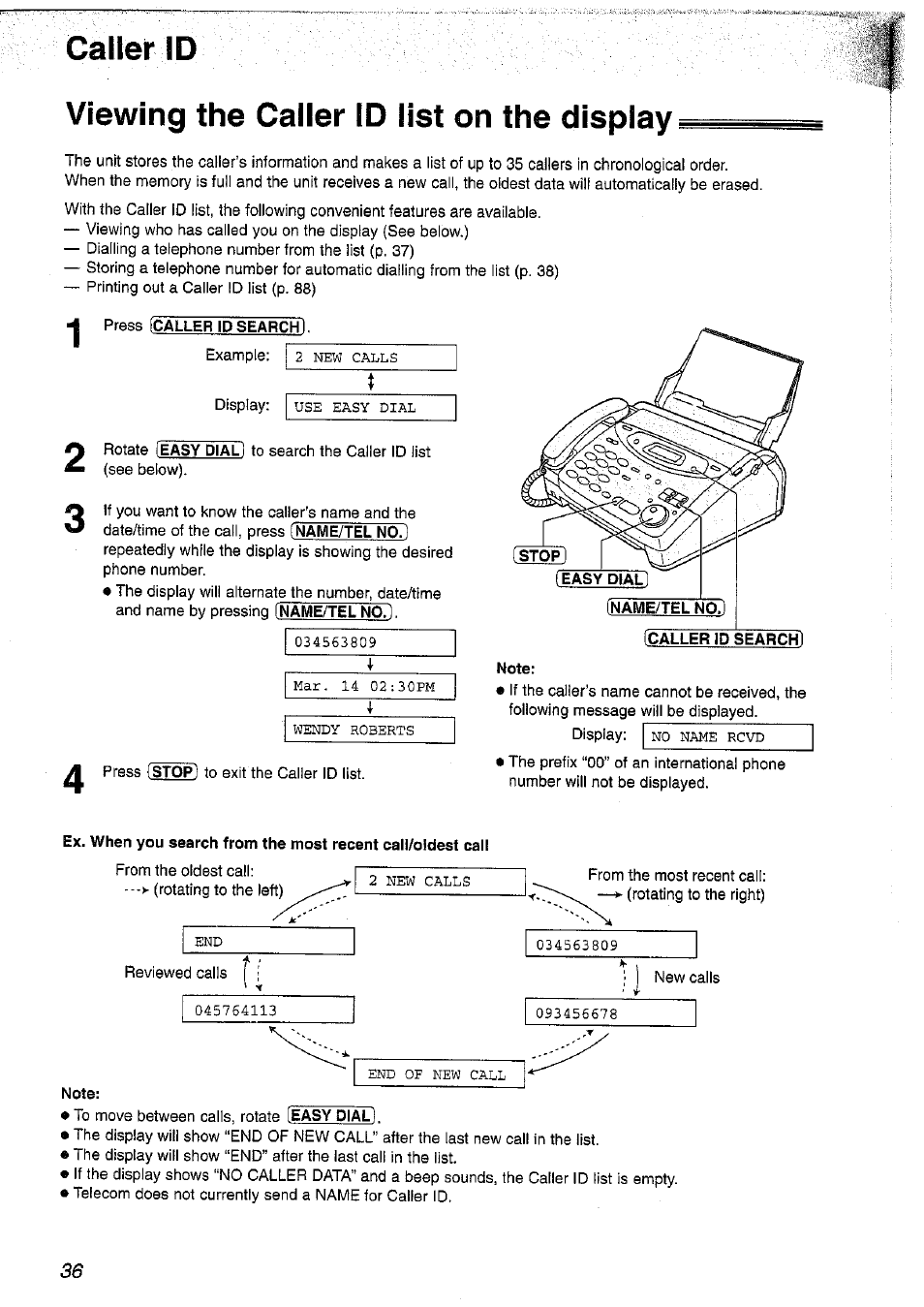 Caller id, Viewing the caller id list on the display, Press (caller id search) | Panasonic KX-FP101NZ User Manual | Page 36 / 96