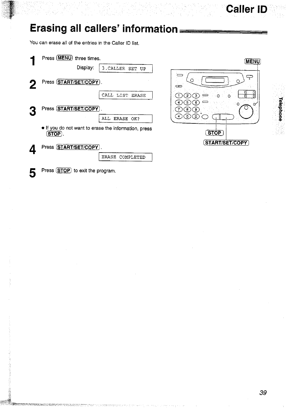 Caller id, Erasing all callers’ information, Caller id erasing all callers’ information | Panasonic KX-FP101NZ User Manual | Page 39 / 96