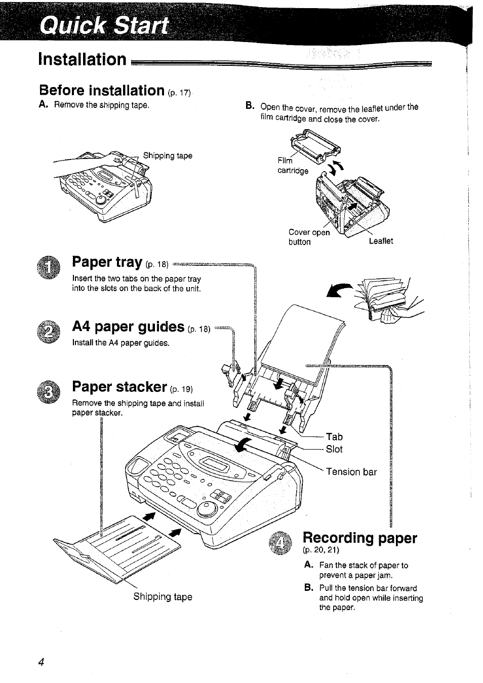 Installation, Before installation (p. i?), Paper tray (p | A4 paper guides (p. i8), Paper stacker (p, Recording paper | Panasonic KX-FP101NZ User Manual | Page 4 / 96