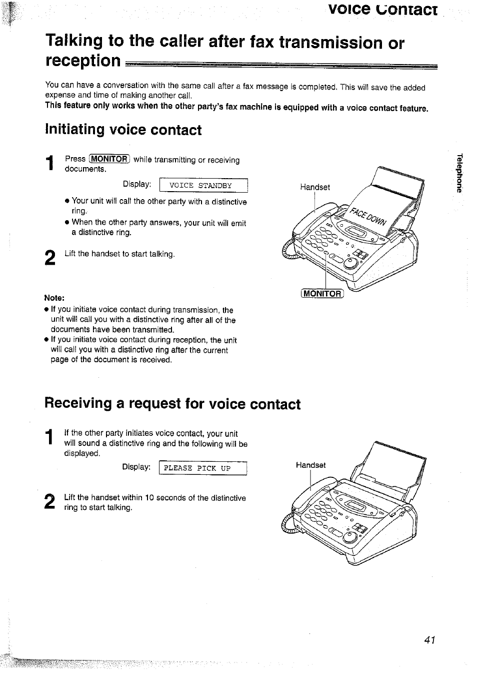 Voice uoniaci, Talking to the caller after fax transmission or, Reception | Note, Initiating voice contact, Receiving a request for voice contact | Panasonic KX-FP101NZ User Manual | Page 41 / 96