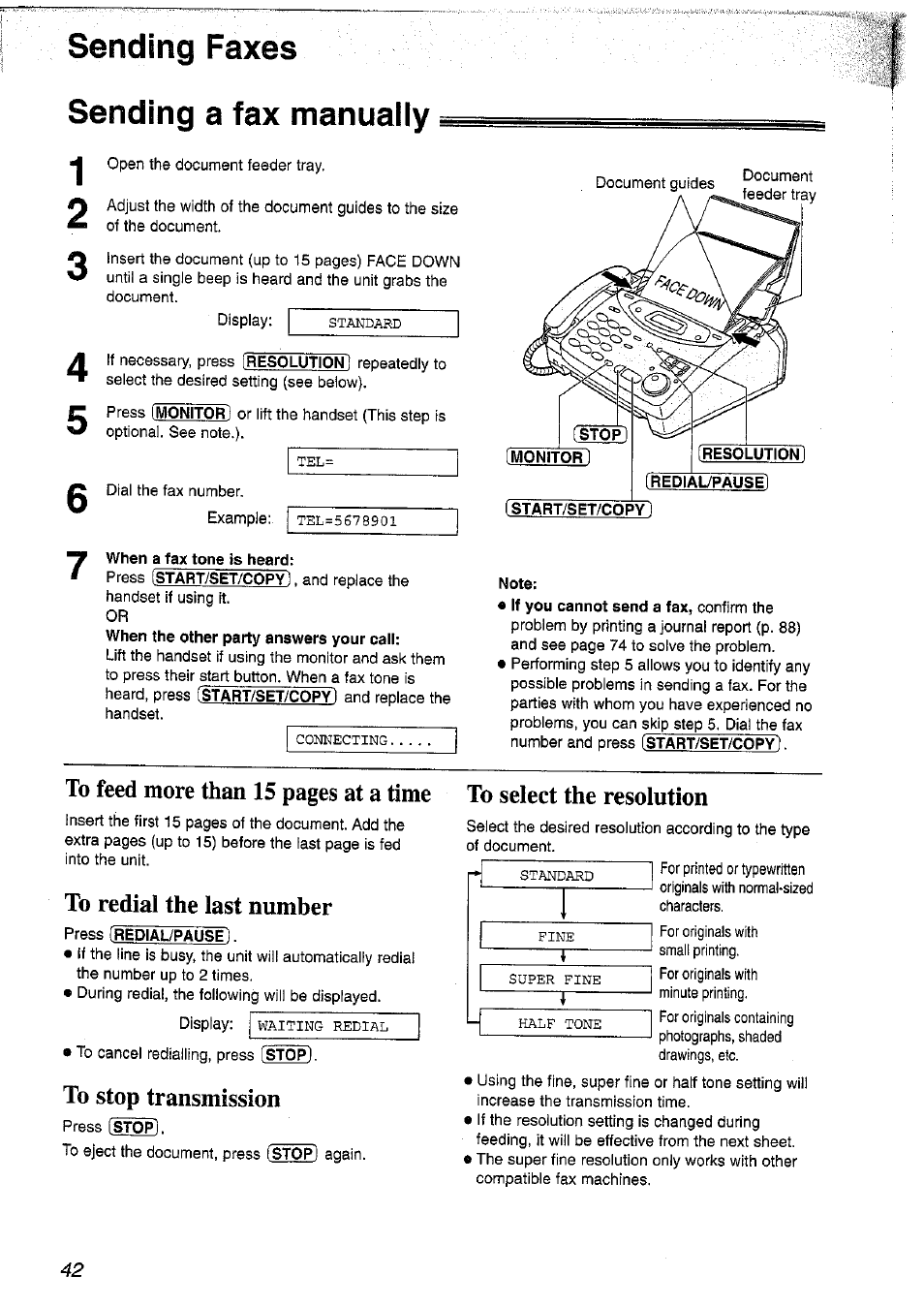 Sending faxes sending a fax manually, When a fax tone is heard, Note | Panasonic KX-FP101NZ User Manual | Page 42 / 96