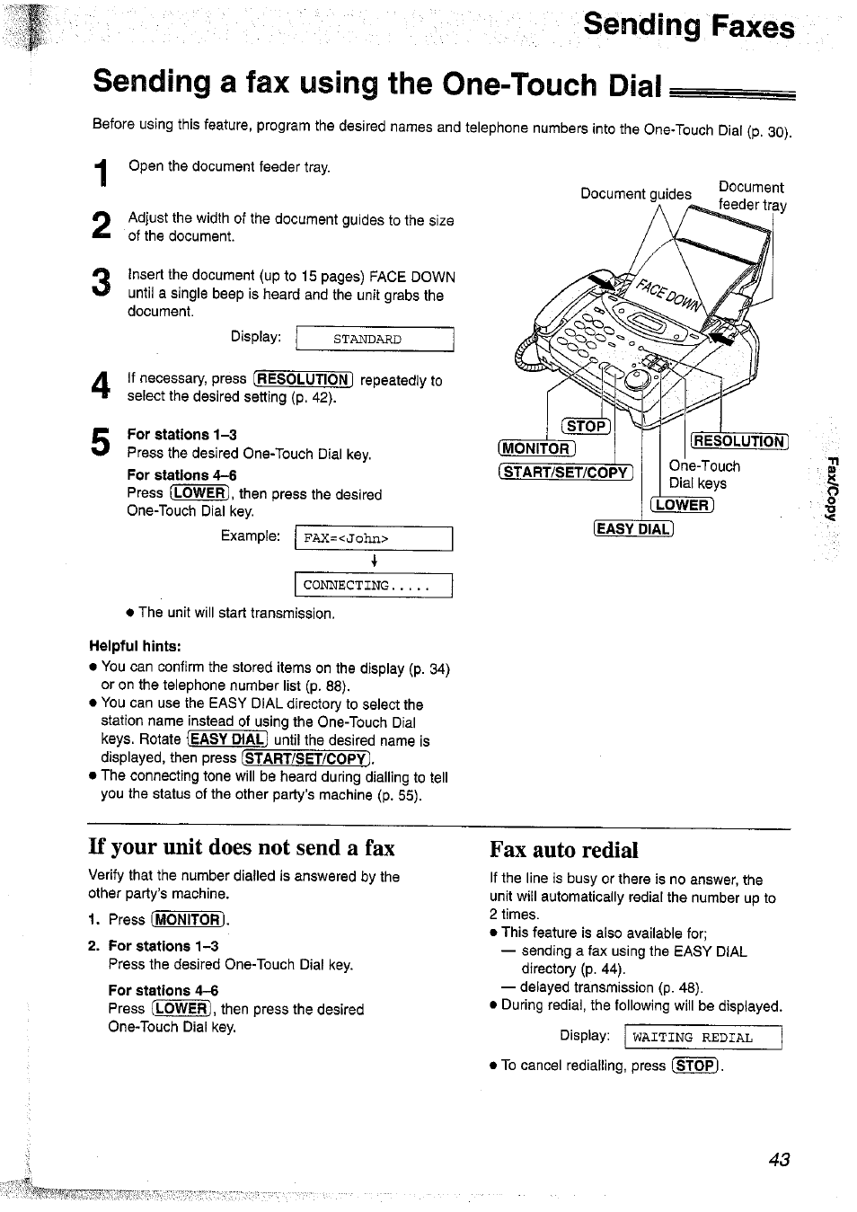 Sending a fax using the one-touch diai, Lower, Easy dial | K your unit does not send a fax, Fax auto redial, Sending faxés | Panasonic KX-FP101NZ User Manual | Page 43 / 96