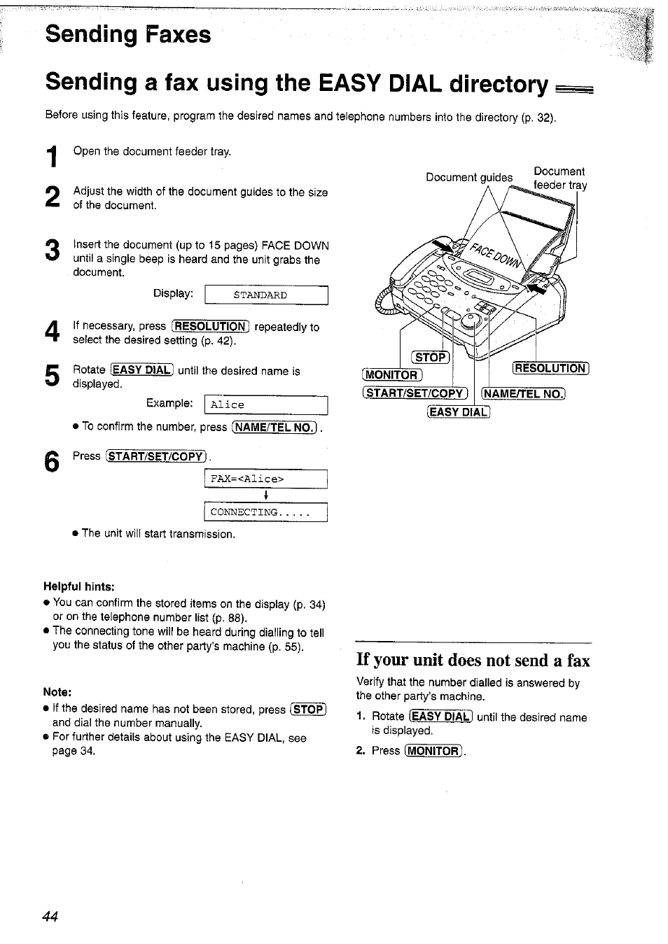 Sending faxes, Sending a fax using the easy dial directory, Start/set/copy | Resolution] (name/tel no, If your unit does not send a fax | Panasonic KX-FP101NZ User Manual | Page 44 / 96