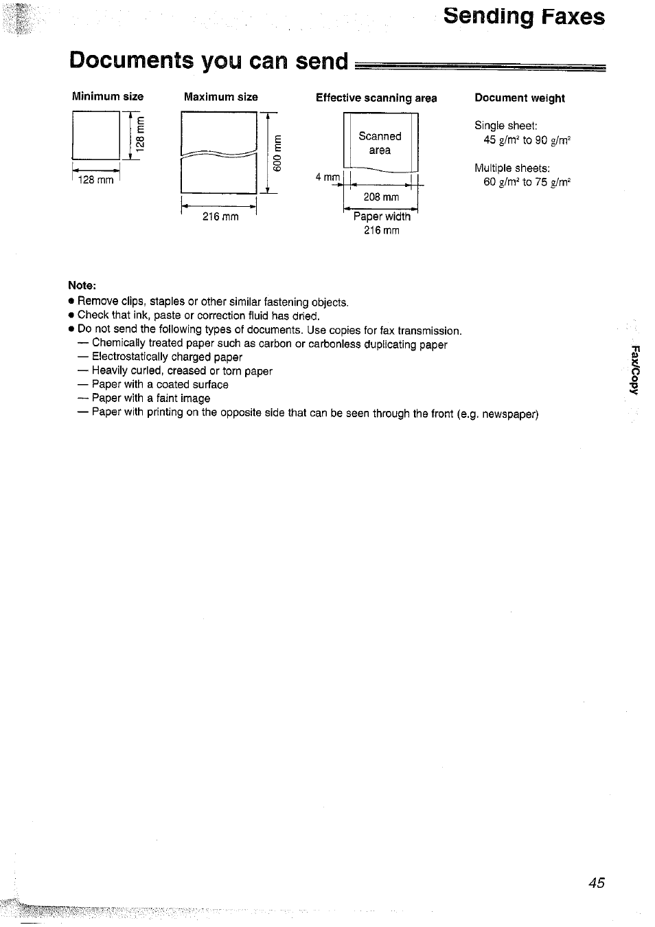 Documents you can send, Effective scanning area, Document weight | Note, Sending faxes | Panasonic KX-FP101NZ User Manual | Page 45 / 96