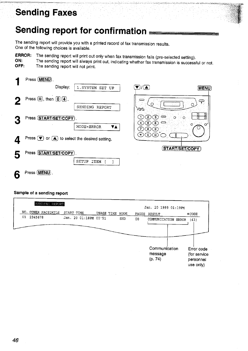 Sending faxes, Sending report for confirmation, Press [start/set/co | Press (start/set/copyl, Sending faxes sending report for confirmation | Panasonic KX-FP101NZ User Manual | Page 46 / 96