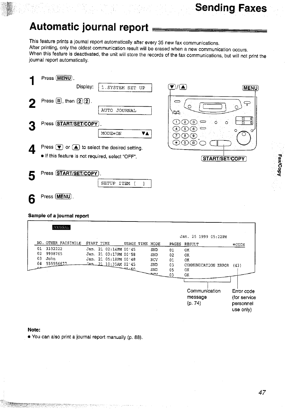 Automatic journal report, Note, Sending faxes | Panasonic KX-FP101NZ User Manual | Page 47 / 96