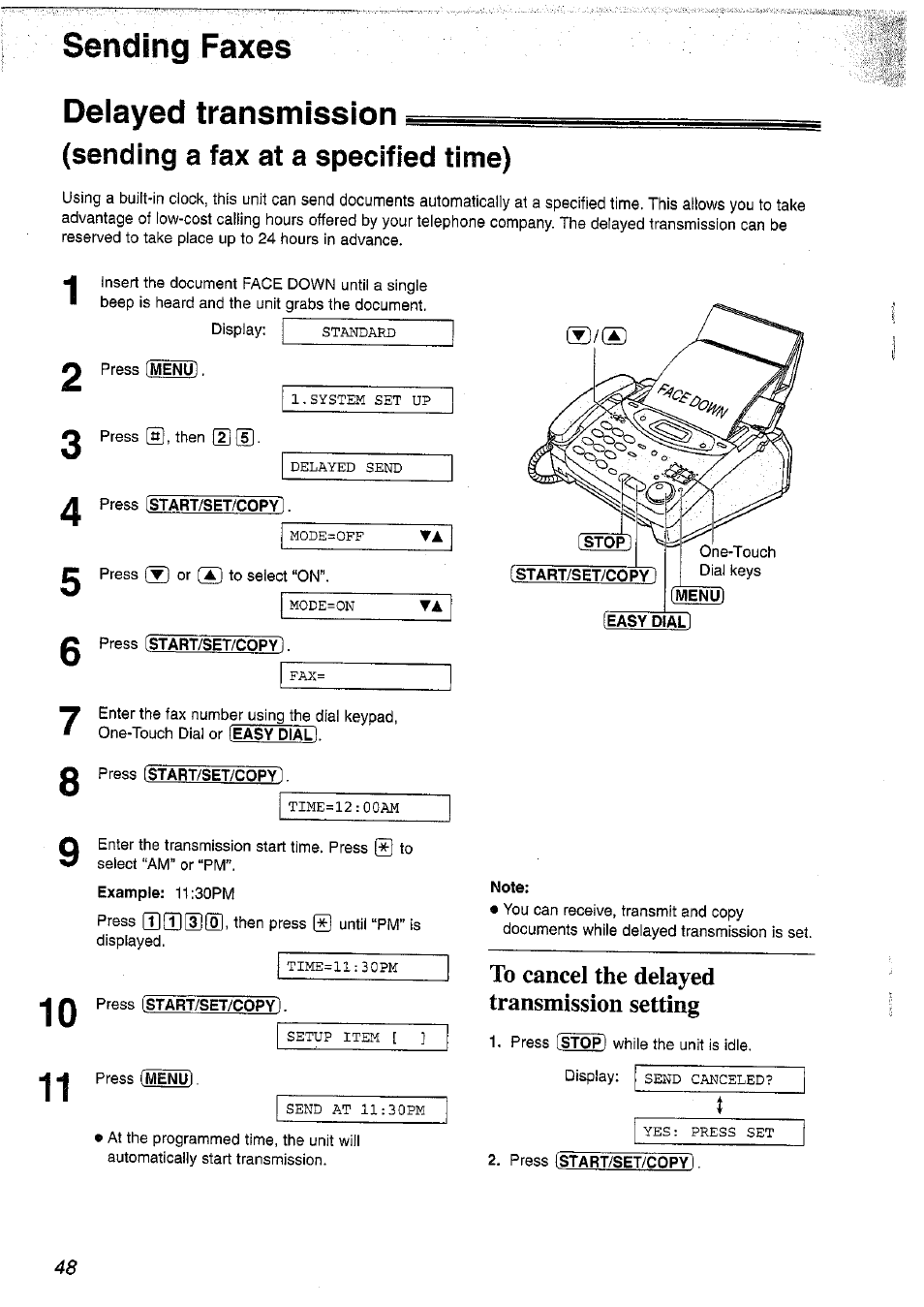 Delayed transmission, A press (start/set/copyl, 0 press [start/set/copy | Example; 11:30pm, Press (start/set/copy), Press (ivtenu, Note, Sending a fax at a specified time), Sending faxes | Panasonic KX-FP101NZ User Manual | Page 48 / 96