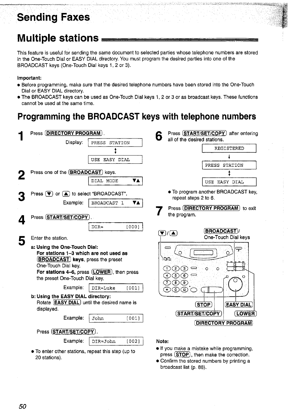 Sending faxes, Multiple stations, Important | Press [directory program, Press (start/set/copy), A: using the one-touch dial, B: using the easy dial directory, Sfàrf/set/^py] (lower [di^ctory program, Note, Sending faxes multiple stations | Panasonic KX-FP101NZ User Manual | Page 50 / 96