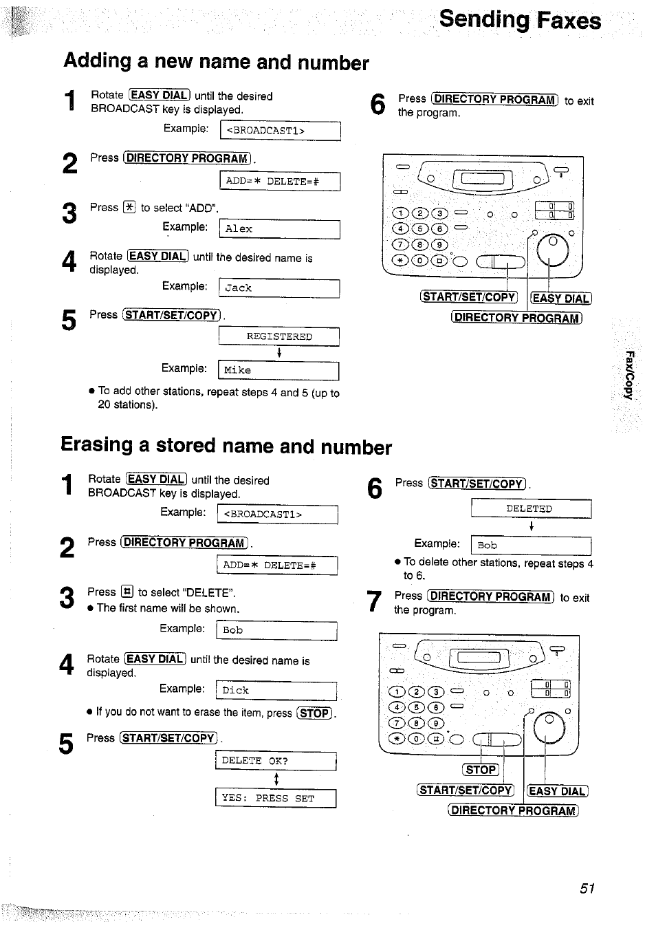 Press [directory program, Press fstart/set/copy, Press (directory program | Adding a new name and number, Erasing a stored name and number, Sending faxes | Panasonic KX-FP101NZ User Manual | Page 51 / 96