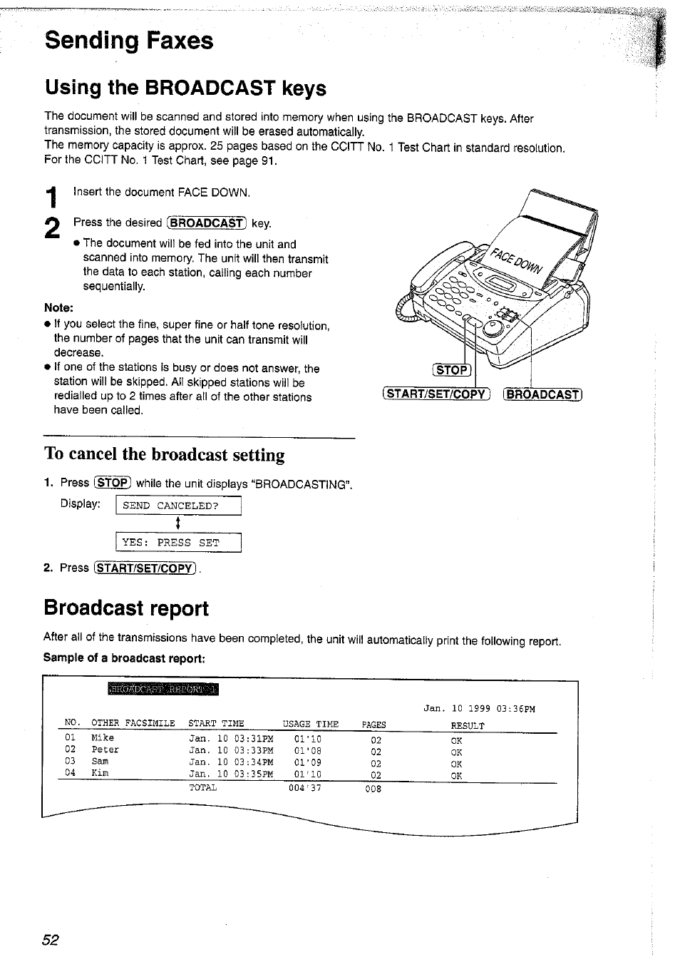 Sending faxes, Note, Using the broadcast keys | Broadcast report | Panasonic KX-FP101NZ User Manual | Page 52 / 96