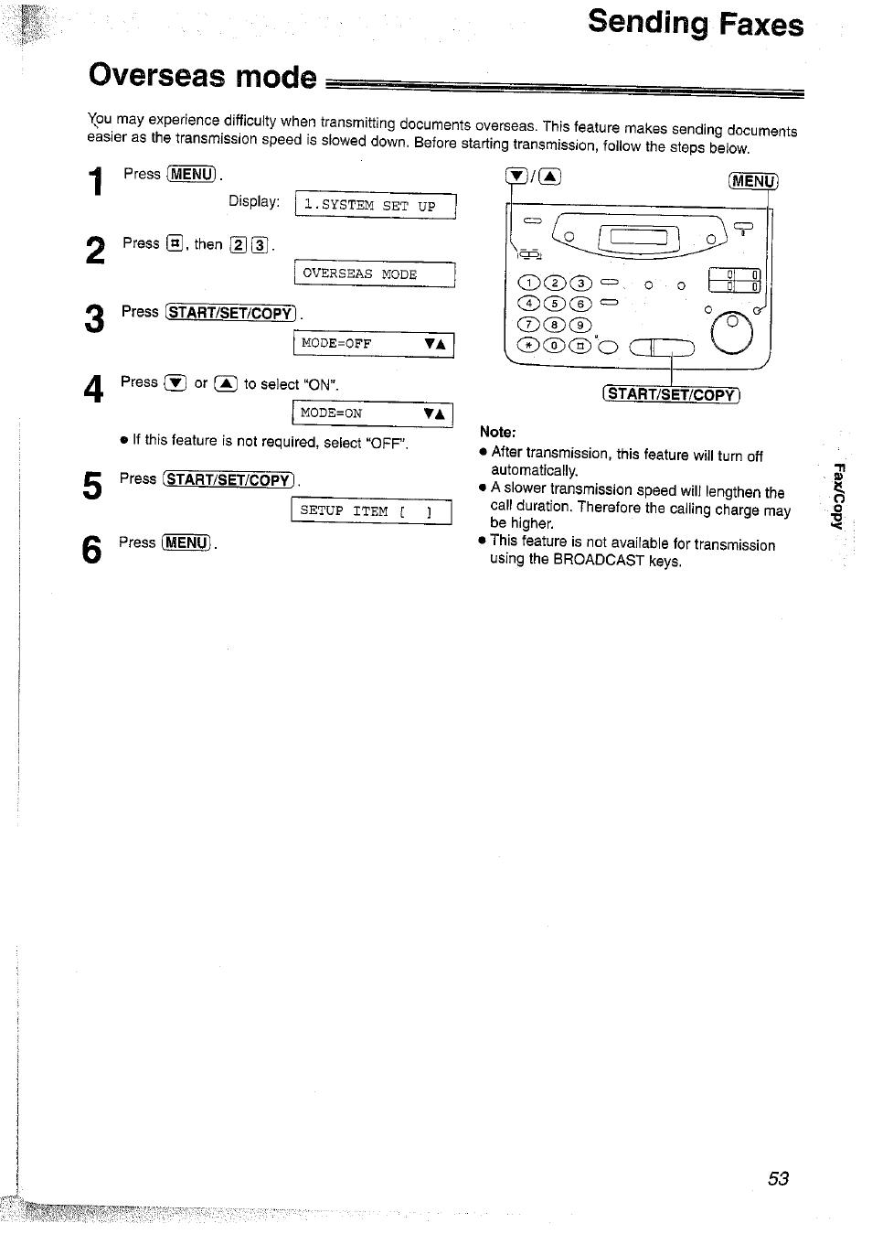 Overseas mode, Start/set/copy), Sending faxes | Panasonic KX-FP101NZ User Manual | Page 53 / 96