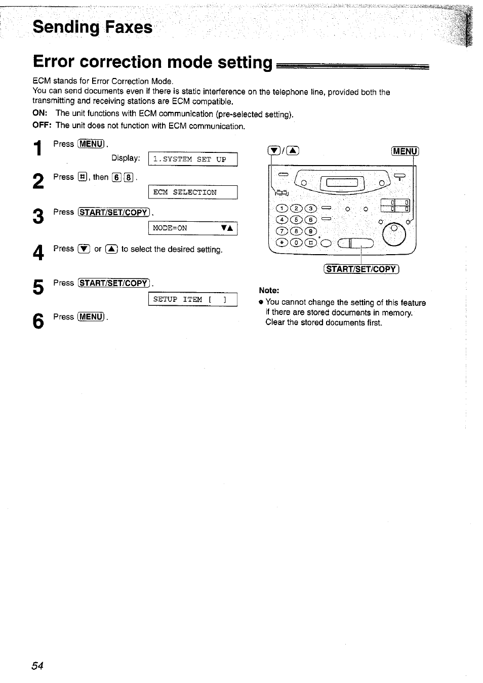 Error correction mode setting, Sending faxes | Panasonic KX-FP101NZ User Manual | Page 54 / 96