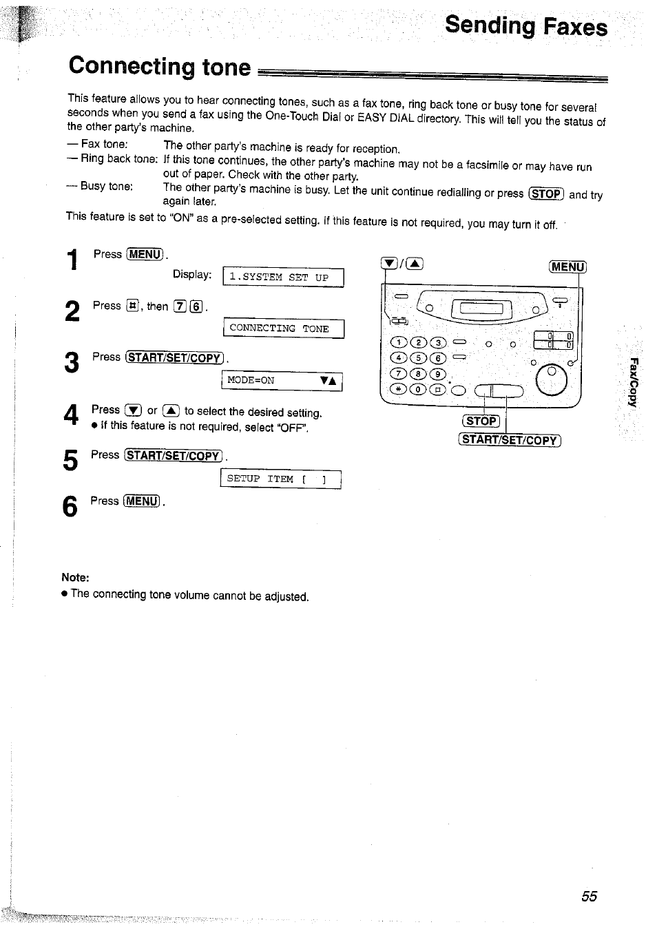 Connecting tone, Press [start/set/copy, Press (start/set/copy) | Sending faxes | Panasonic KX-FP101NZ User Manual | Page 55 / 96