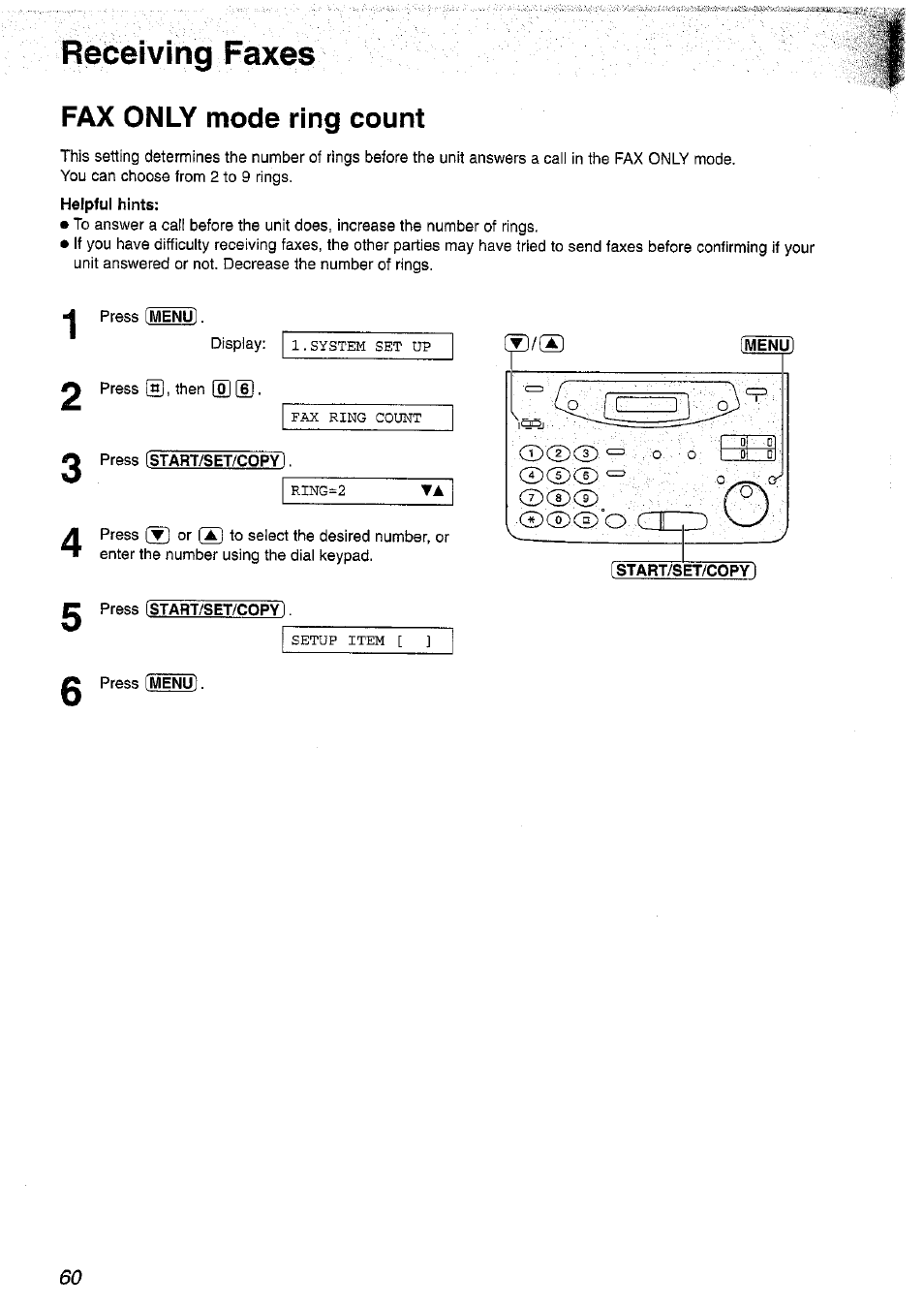 Receiving faxes, Fax only mode ring count | Panasonic KX-FP101NZ User Manual | Page 60 / 96