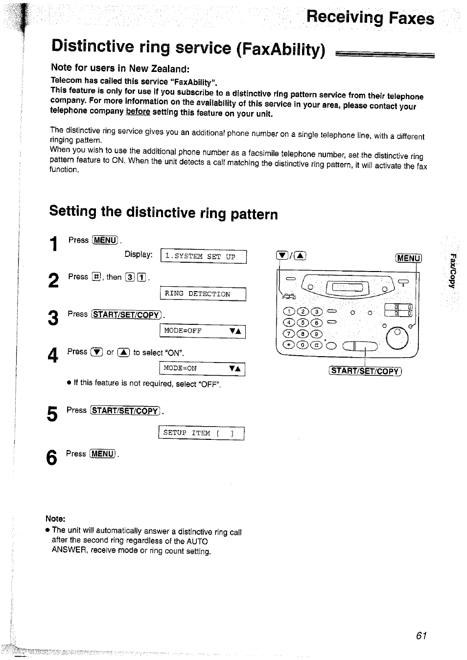 Note for users in new zealand, Telecom has called this service “faxabiiity, Press [menu | Press [start/set/copy, Press [start/set/copy 1, Note, Setting the distinctive ring pattern | Panasonic KX-FP101NZ User Manual | Page 61 / 96