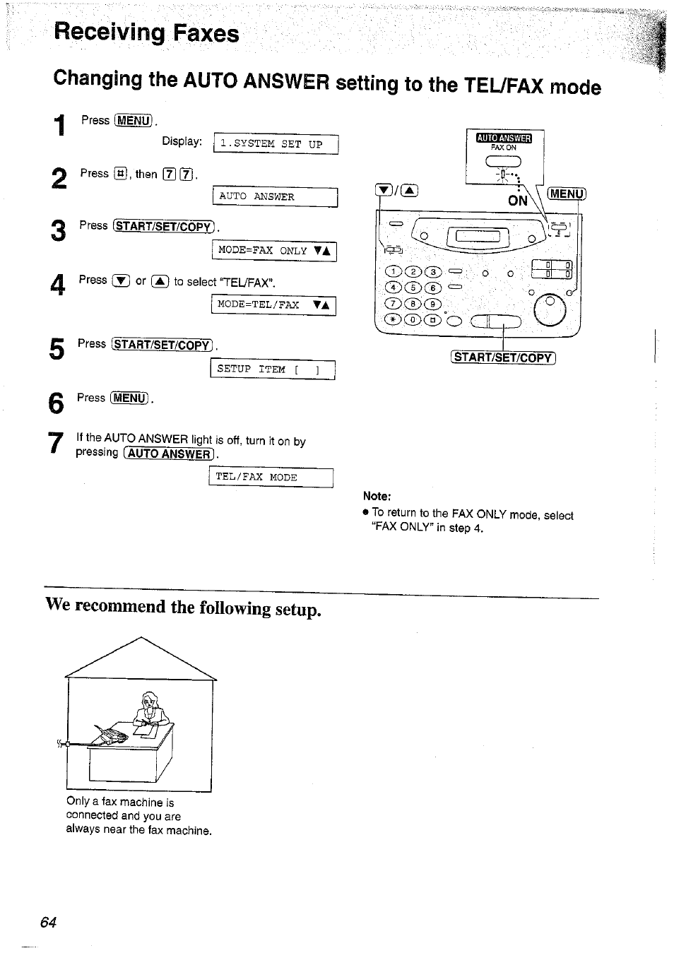 Receiving faxes, Note, We recommend the following setup | Panasonic KX-FP101NZ User Manual | Page 64 / 96