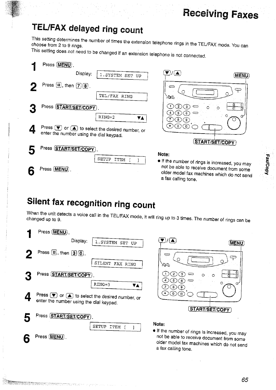 Press fstar~t/set/copyl, Fstart/sef/copy, Tel/fax delayed ring count | Silent fax recognition ring count, Ii . ), Receiving faxes | Panasonic KX-FP101NZ User Manual | Page 65 / 96