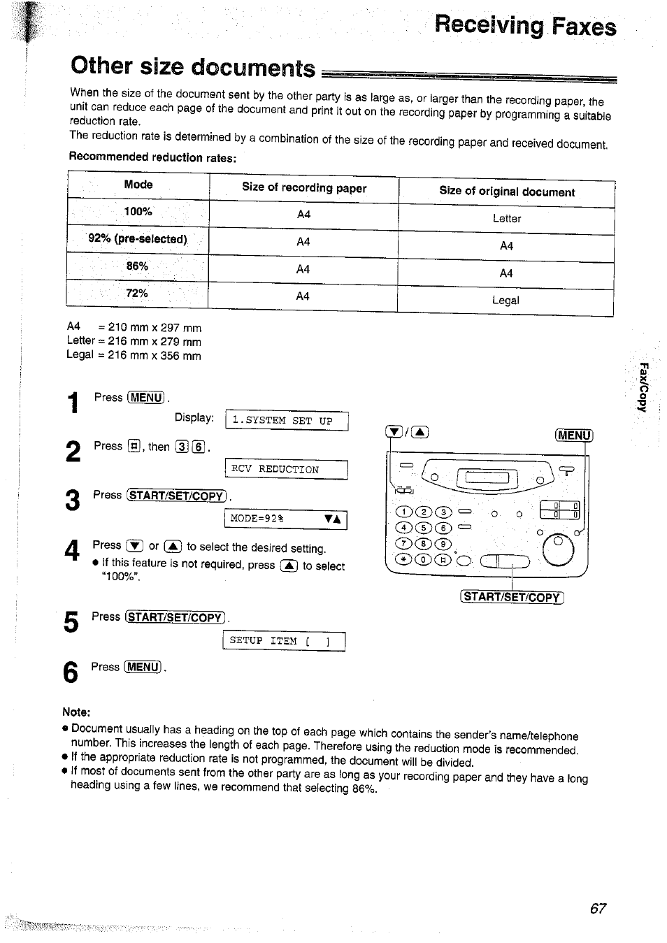 Other size documents, Press (menu), Press [start/set/co | Press istart/set/copy), Start/set/copyl, Note, Receiving faxes | Panasonic KX-FP101NZ User Manual | Page 67 / 96