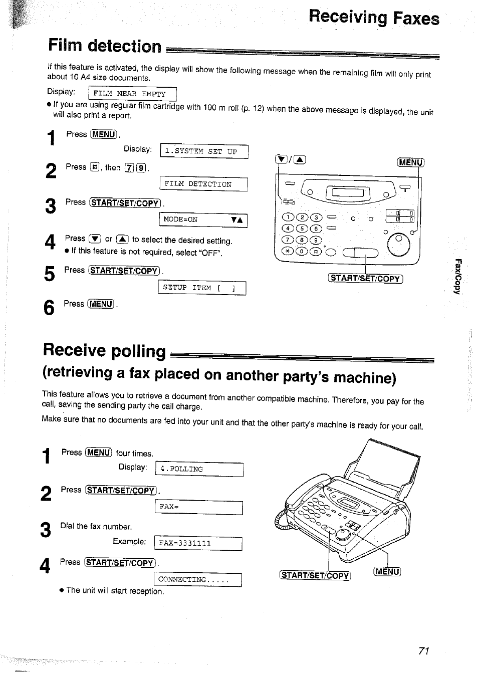 Film detection, Receive polling, Receiving faxes | Panasonic KX-FP101NZ User Manual | Page 71 / 96