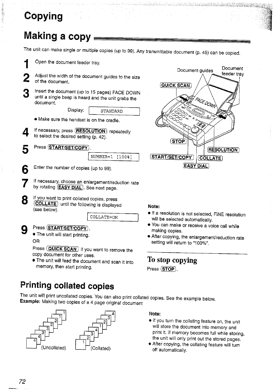 Copying, Making a copy, Press istart/set/copy | Note, Press (stopi, Printing coliated copies, Copying making a copy | Panasonic KX-FP101NZ User Manual | Page 72 / 96