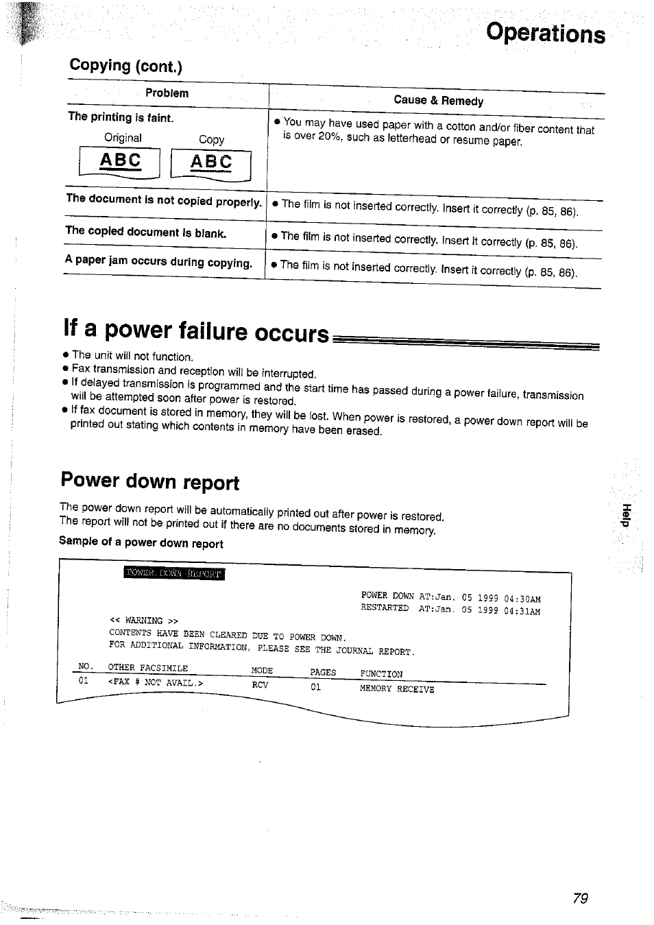 Operations, Copying (cont.), Problem | Cause & remedy, The printing is faint, The document is not copied properly, The copied document is blank, A paper jam occurs during copying, If a power failure occurs, Power down report | Panasonic KX-FP101NZ User Manual | Page 79 / 96