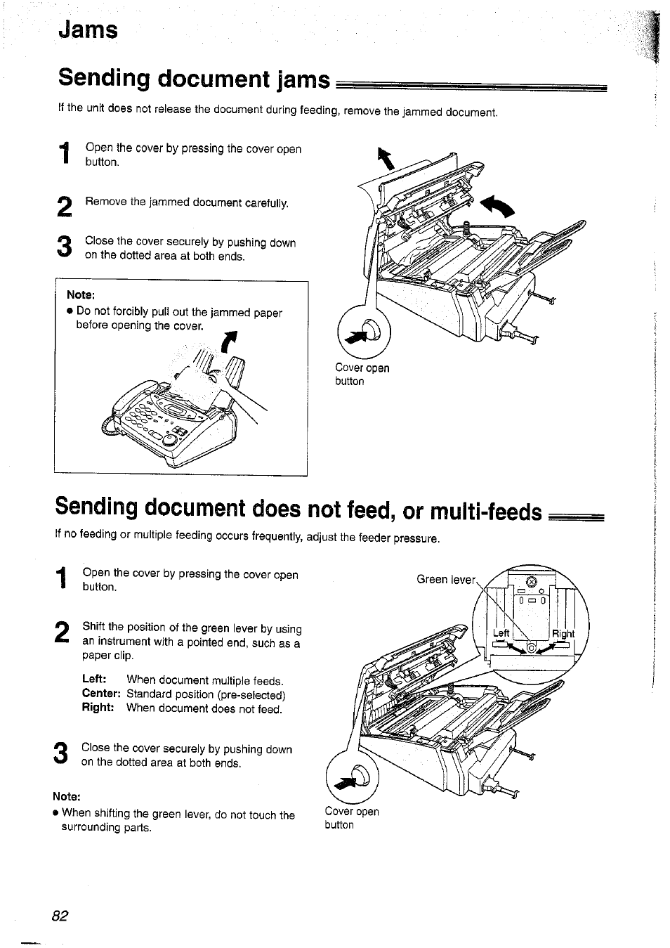 Sending document jams, Sending document does not feed, or multi-feeds, Note | Jams | Panasonic KX-FP101NZ User Manual | Page 82 / 96
