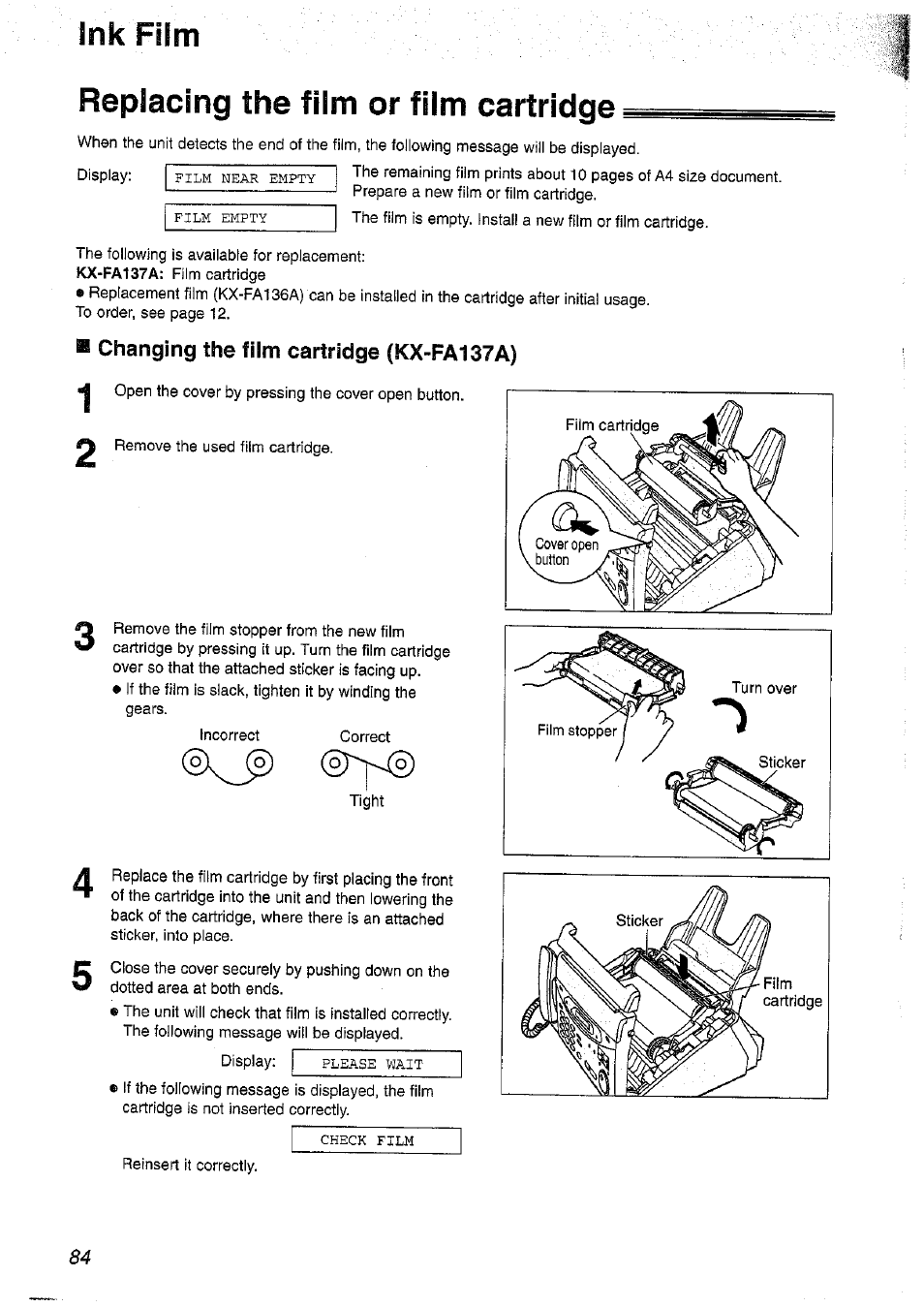 Replacing the film or film cartridge, Changing the film cartridge (kx-fa137a), Ink film | Panasonic KX-FP101NZ User Manual | Page 84 / 96