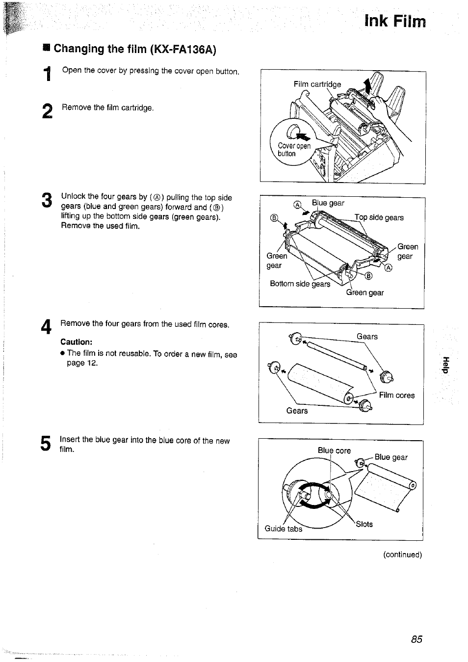 Changing the film (kx-fa136a), Caution, Ink film | Panasonic KX-FP101NZ User Manual | Page 85 / 96