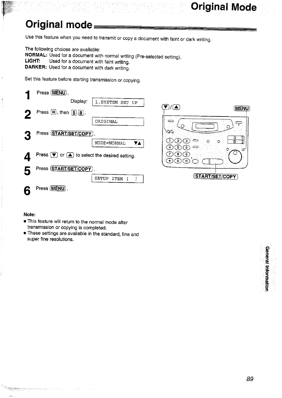 Original mode, Note | Panasonic KX-FP101NZ User Manual | Page 89 / 96