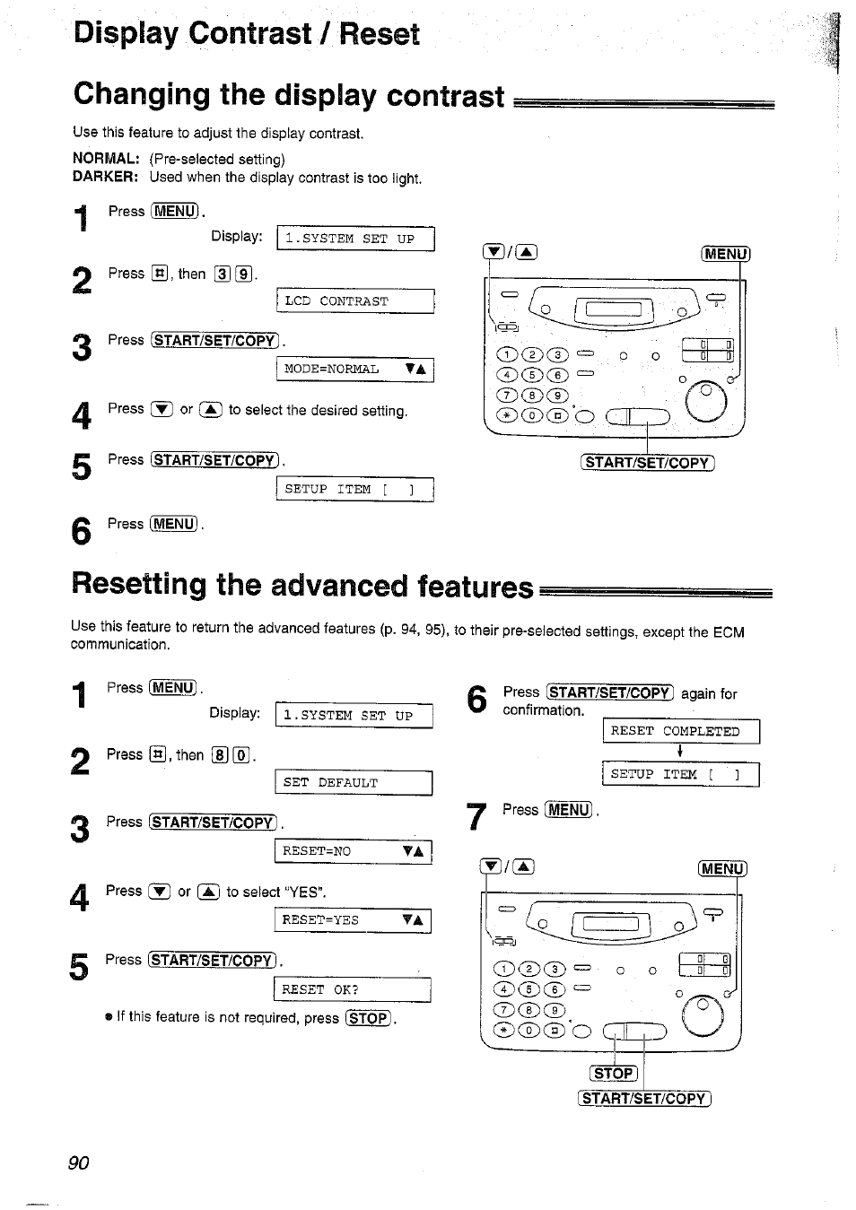 Menu), Resetting the advanced features 5, Menu | Stop), Start/set/copy), O cl 0 | Panasonic KX-FP101NZ User Manual | Page 90 / 96