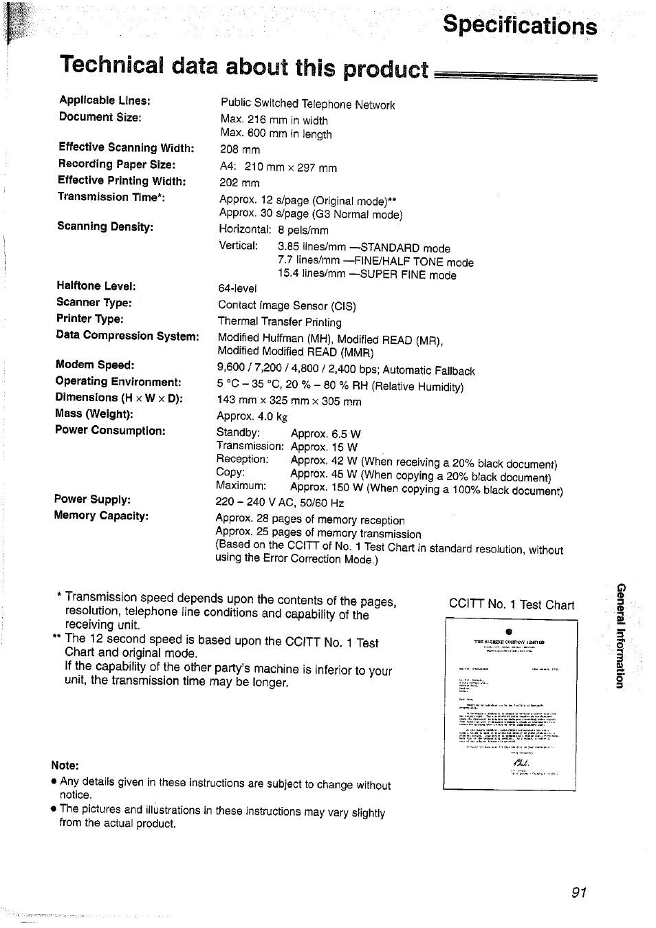 Spécifications, Technical data about this product, Note | Technical, Data about this product | Panasonic KX-FP101NZ User Manual | Page 91 / 96