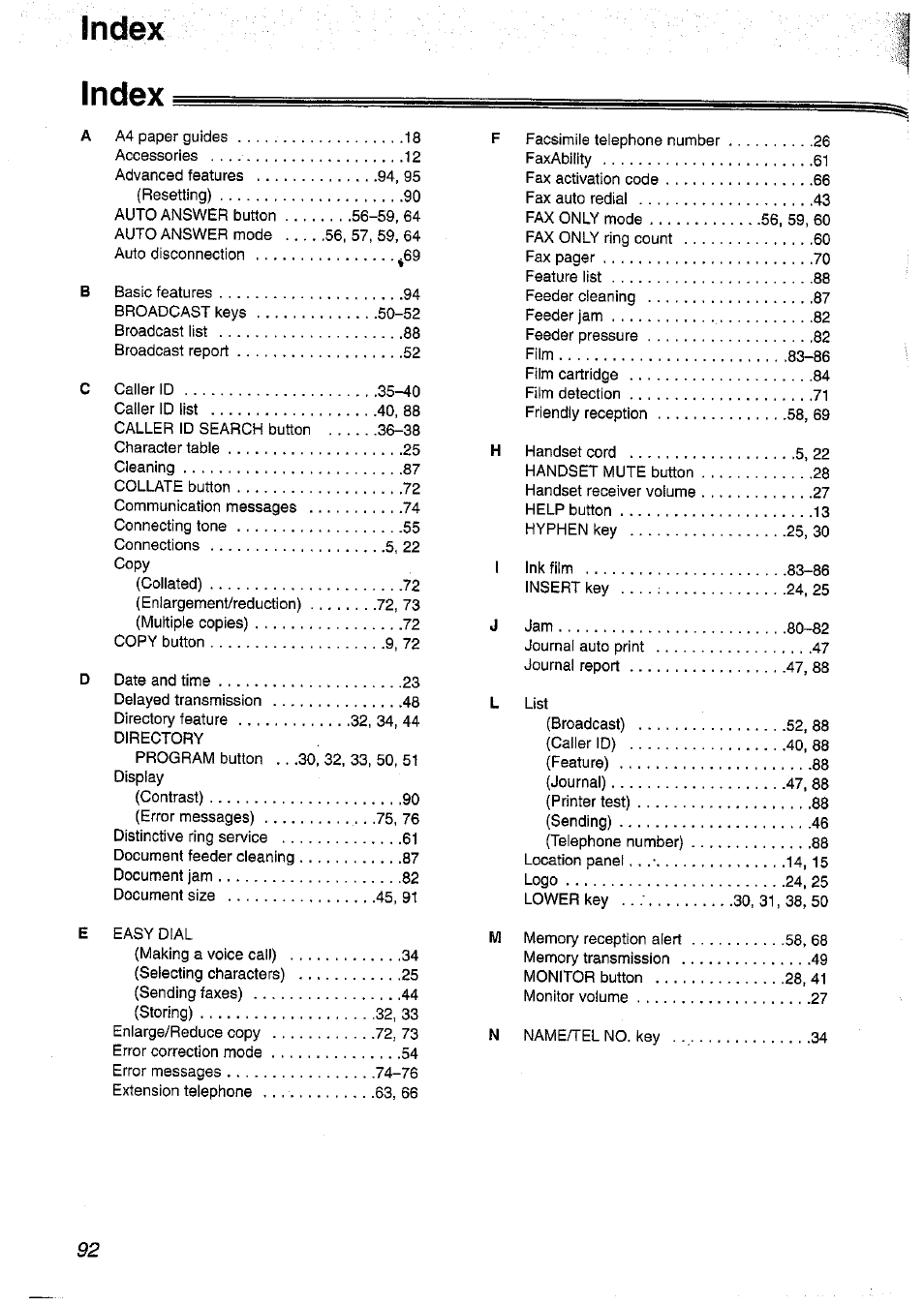 Index | Panasonic KX-FP101NZ User Manual | Page 92 / 96