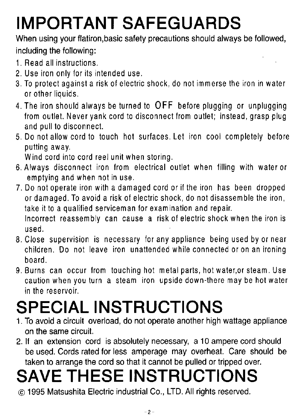 Important safeguards, Special instructions, Save these instructions | Panasonic NI-N50NR User Manual | Page 2 / 10