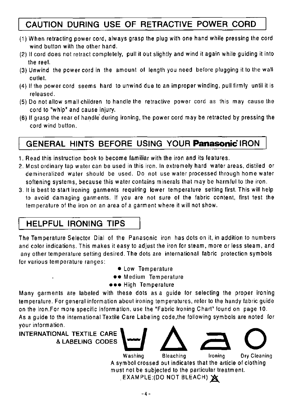 Caution during use of retractive power cord, General hints before using your panasonic iron, Helpful ironing tips | Panasonic NI-N50NR User Manual | Page 4 / 10