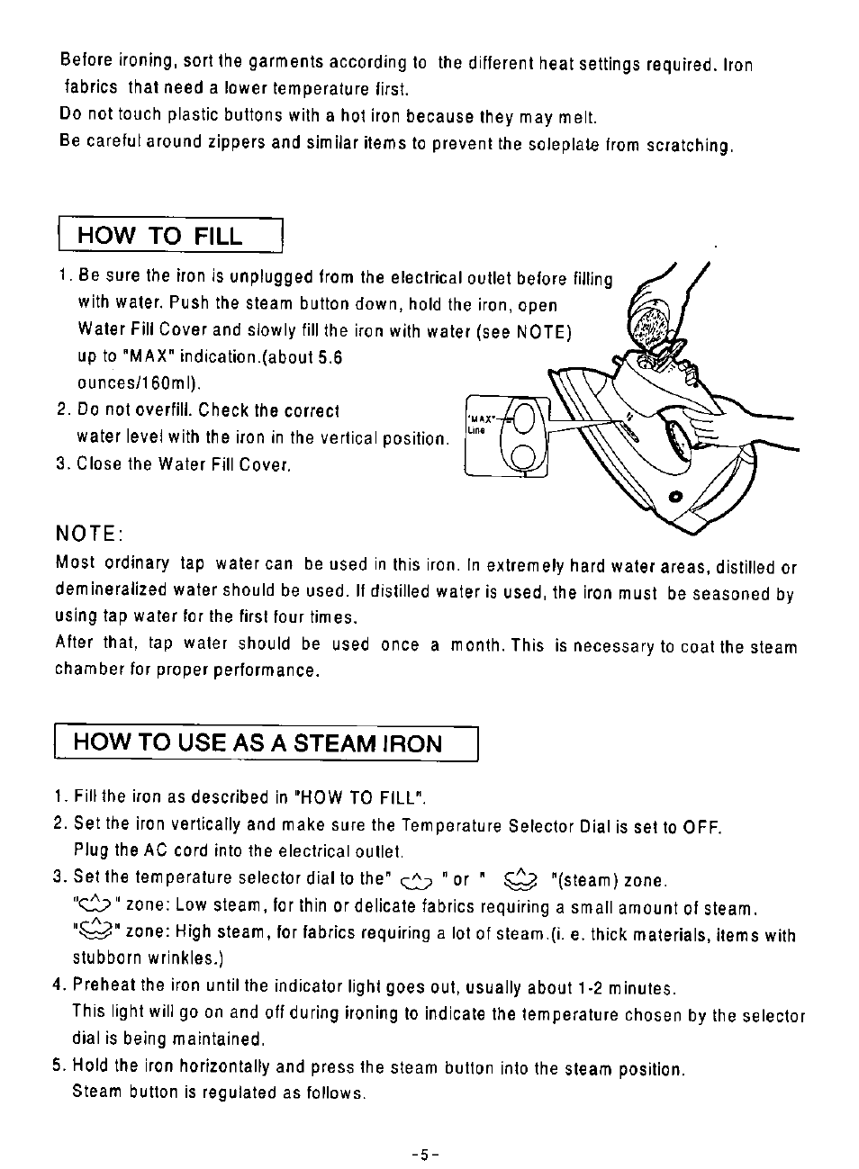 Note, How to fill, How to use as a steam iron | Panasonic NI-N50NR User Manual | Page 5 / 10