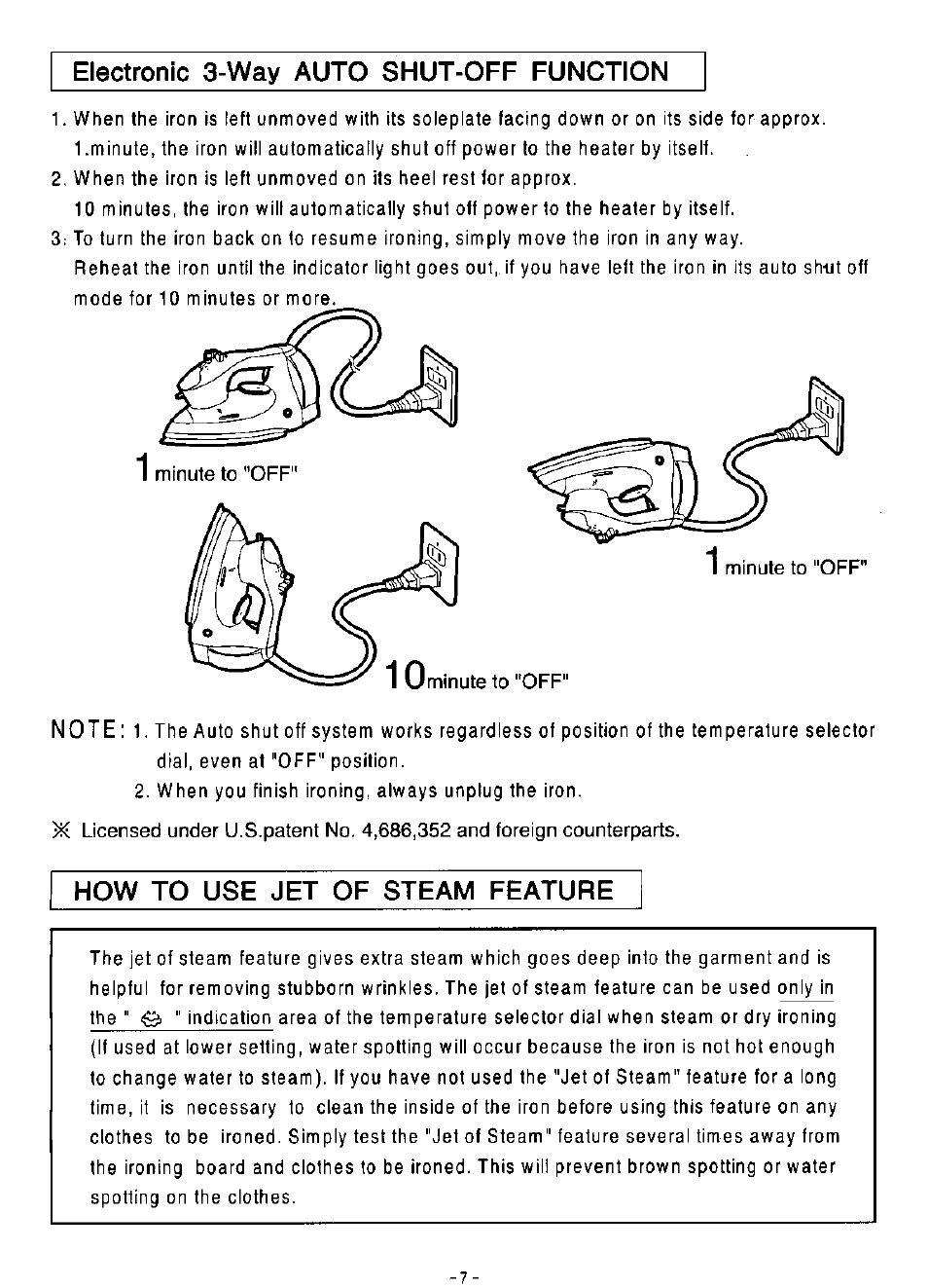 Electronic 3-way auto shut-off function, How to use jet of steam feature | Panasonic NI-N50NR User Manual | Page 7 / 10