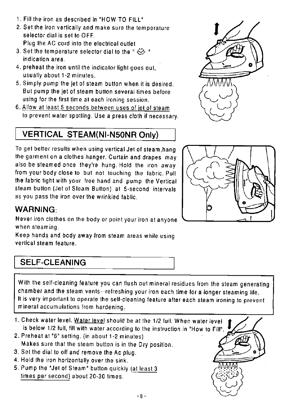 Vertical steam(ni-n50nr only), Warning, Self-cleaning | Panasonic NI-N50NR User Manual | Page 8 / 10