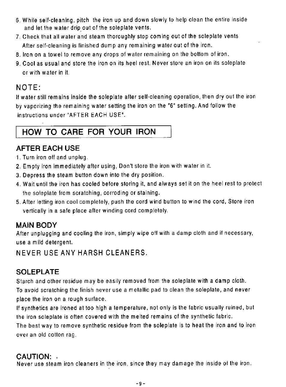 Note, Never use any harsh cleaners, How to care for your iron | Panasonic NI-N50NR User Manual | Page 9 / 10