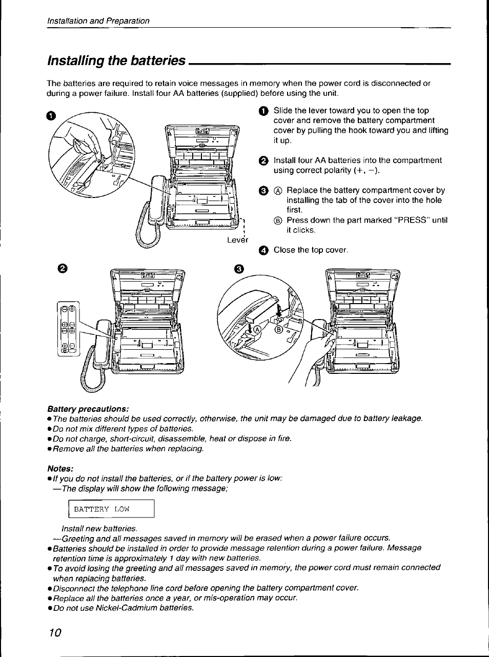 Installing the batteries | Panasonic KX-F700 User Manual | Page 10 / 86