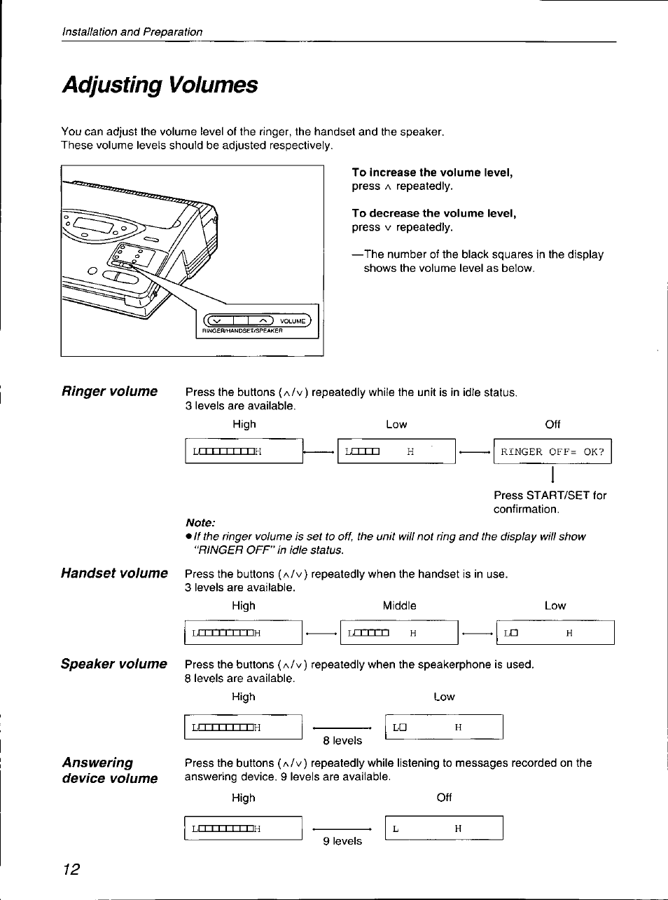 Adjusting volumes, Ringer volume, Speaker volume | Answering device volume | Panasonic KX-F700 User Manual | Page 12 / 86
