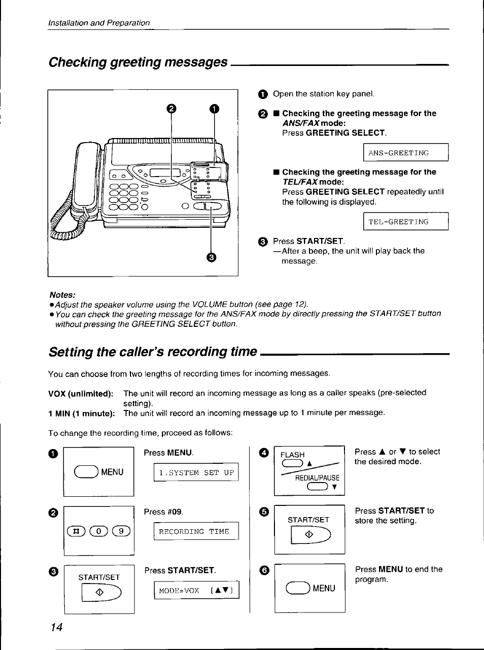 Checking greeting messages, Setting the caiier’s recording time, Setting the caller’s recording time | Panasonic KX-F700 User Manual | Page 14 / 86